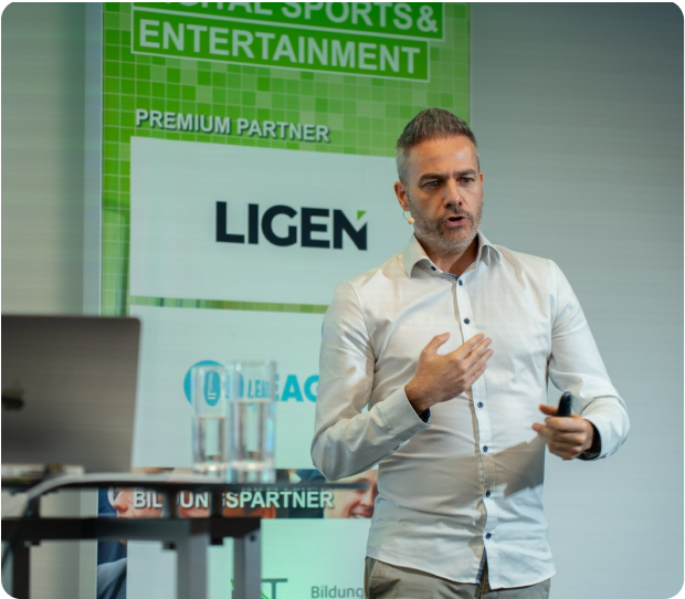 Marco presenting at a sports and entertainment event